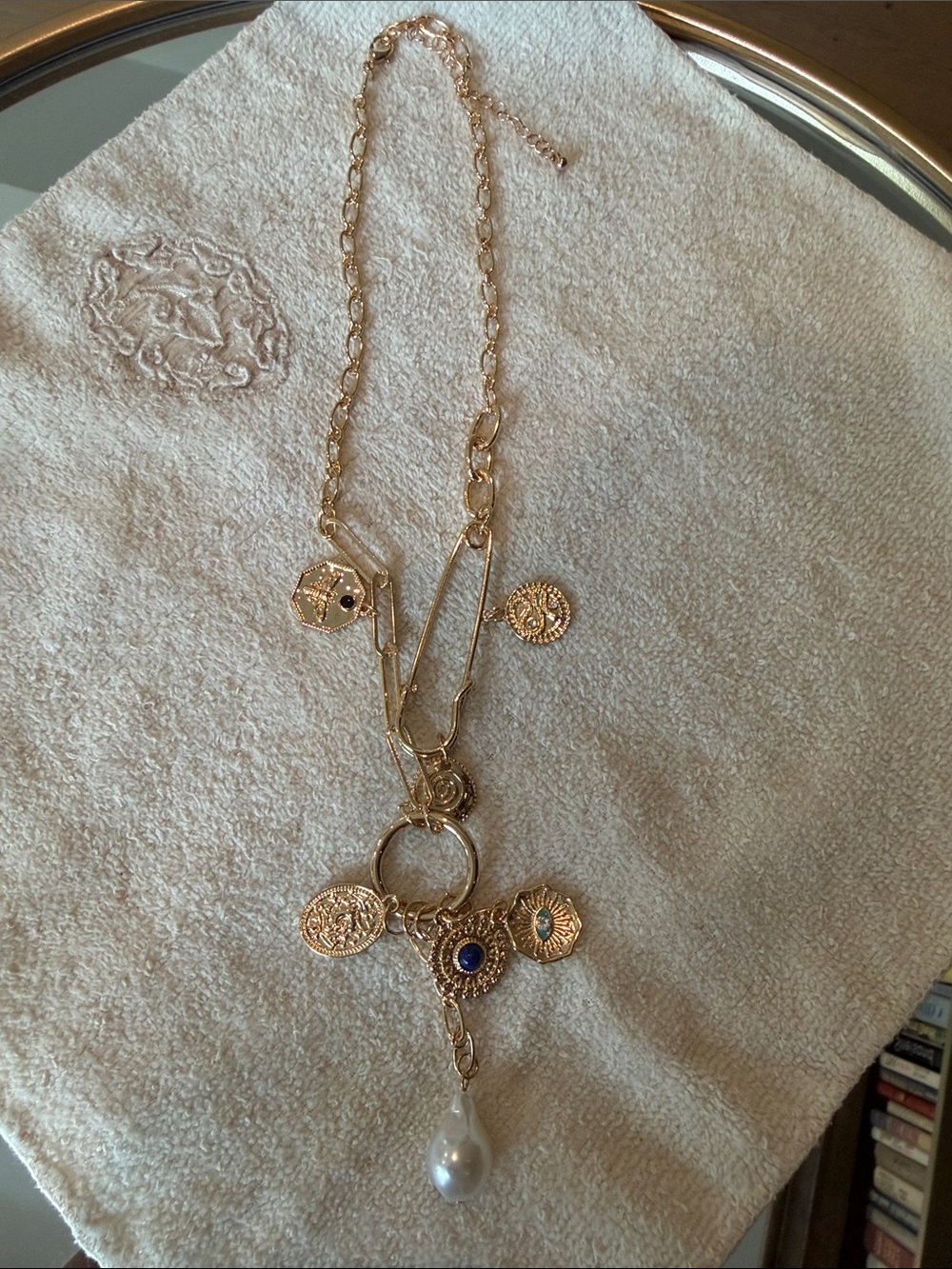 Anthropologie Gold-Tone Multi-Charm Necklace with Blue Accent and Pearl Drop